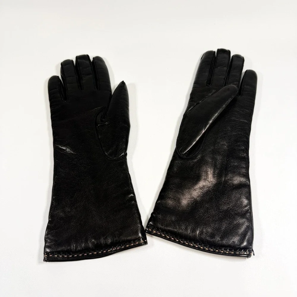 COACH Black Leather Gloves Womens Knit Lined Button Accent With Original Box
